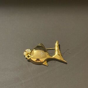 Gold Fish Brooch with Rhinestone Bubbles